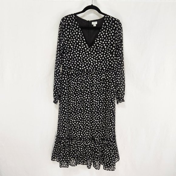 J. Crew Dresses & Skirts - J. CREW Crinkle V-Neck Midi Dress Size M Black with White Printed  LIKE NEW!